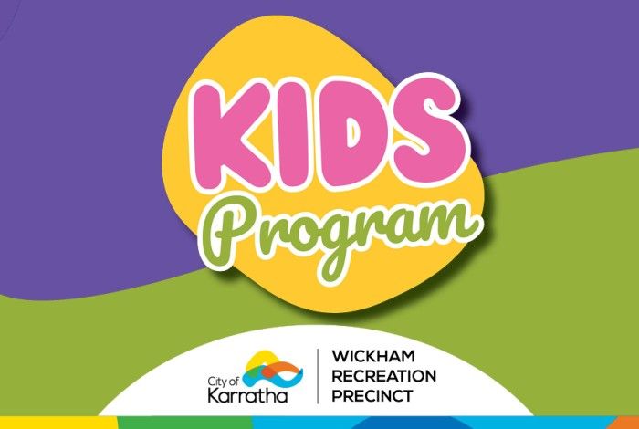 Colourful promotional graphic for the Wickham Recreation Precinct Kids Program. Features the words “KIDS Program” in bold pink and green text on a yellow shape, set against a purple and green background. The City of Karratha logo appears at the bottom.