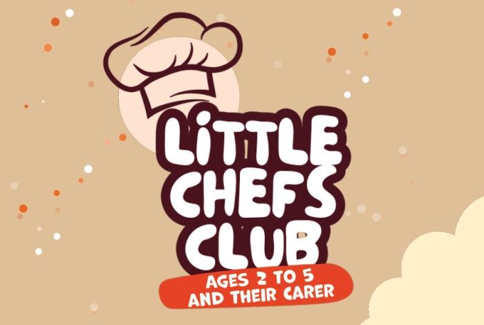 chef hate with writing that says little chefs club with a cream coloured background and speckled round dots surrounding