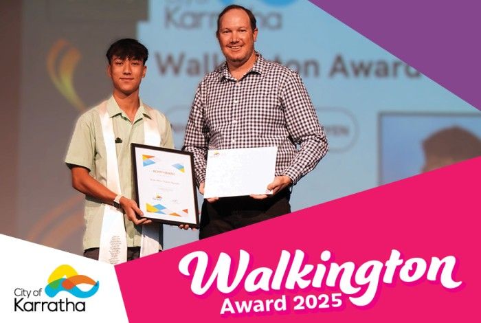 Image of 2 people holding certificates with a bright pink and purple squares offset to the side with Walkington Award 2025