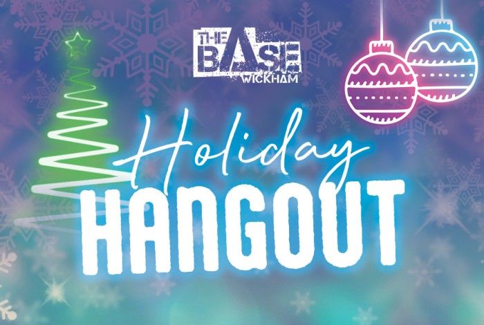 Holiday Hangout at The Base in Wickham with neon baubles in the upper right hand corner, christmas tree 