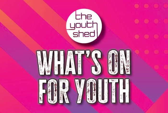 Bright pink and purple graphic with diagonal stripes and dotted accents. The Youth Shed logo appears at the top, with bold white text reading “What’s On for Youth.”