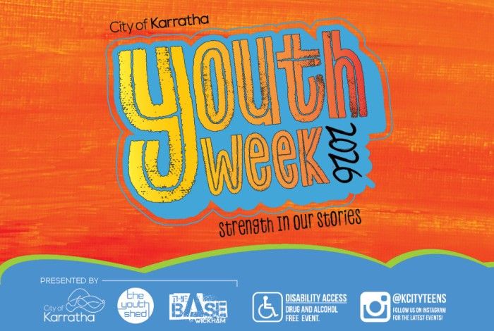 youth week text with a bright orange paintbrush effect background with event sponsor logos at the bottom