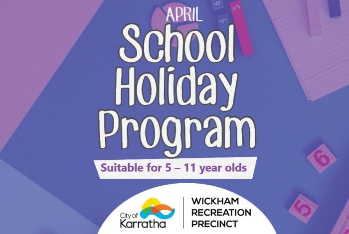 April School holiday program for 5 to 11 years banner with a purple background