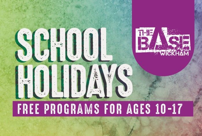 Banner with a textured green and purple background promoting school holiday activities at The Base Wickham. Text reads “School Holidays” and “Free programs for ages 10–17,” with The Base Wickham logo displayed.