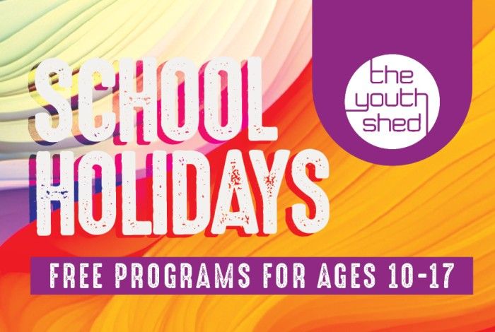 Banner with bright, colourful background promoting April school holiday programs at The Youth Shed. Text reads “School Holidays” and “Free programs for ages 10–17,” with The Youth Shed logo displayed.