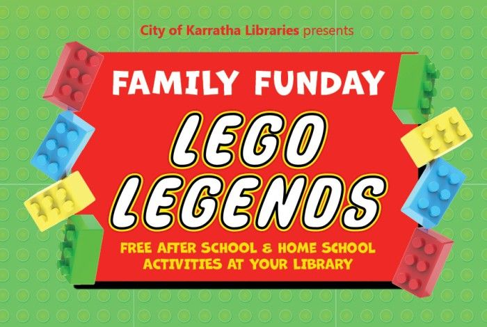 Bright, playful banner with a LEGO-style theme. Text reads “City of Karratha Libraries presents Family Funday: LEGO Legends” on a red background, surrounded by colourful LEGO bricks on a green baseplate. Subtext: “Free after school & home school activities at your library.”