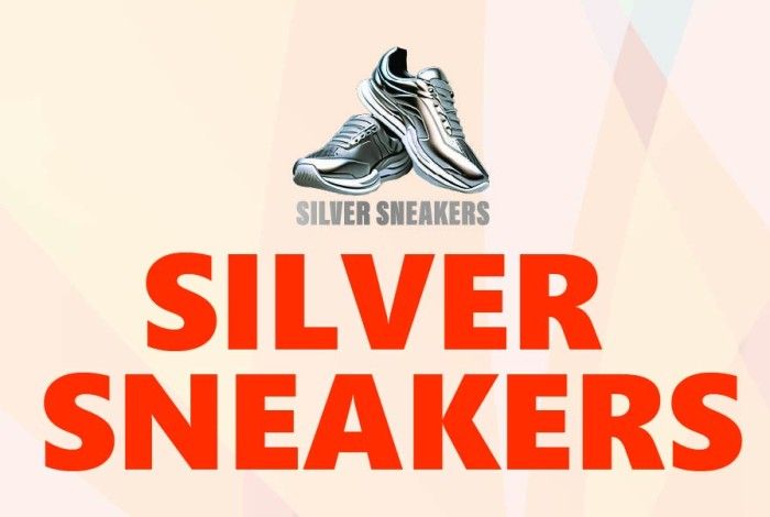 Promotional graphic for Silver Sneakers featuring a pair of silver running shoes above large bold red text reading "SILVER SNEAKERS" on a light beige geometric background.