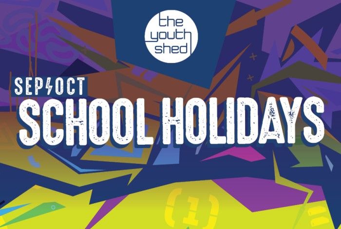 The Youth Shed Sep/Oct School Holidays banner featuring the “School Holidays” title and The Youth Shed logo on a colourful abstract geometric background in blue, purple, green and yellow tones.