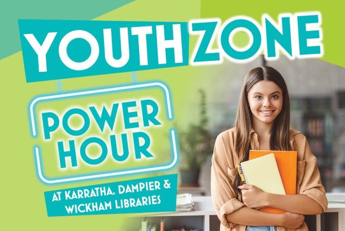 Green and blue promotional banner reading “Youth Zone: Power Hour” with text “At Karratha, Dampier & Wickham Libraries,” featuring a smiling young person holding books inside a library setting.